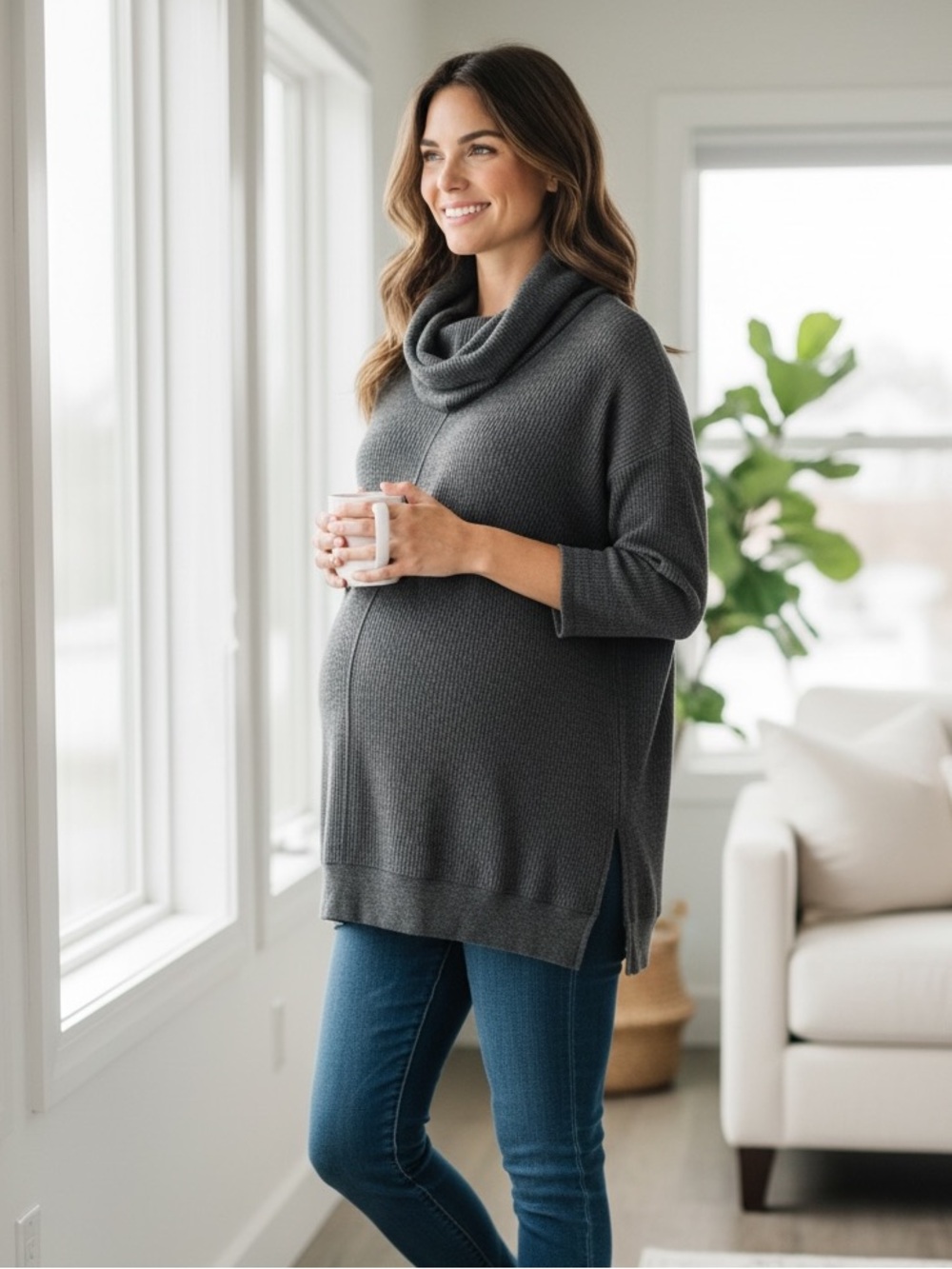 Oh Baby by Motherhood Charcoal Gray Cowl Neck Maternity Tunic Sweater
